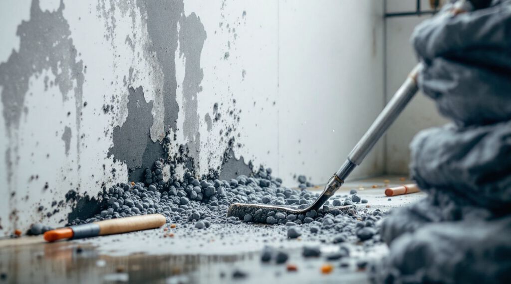 IICRC-certified mold remediation technician in full PPE inspecting a damp wall with visible black mold in a San Antonio home, focused and urgent.